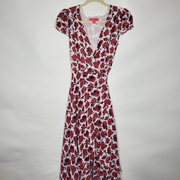 Betsey Johnson Floral Wrap Midi Dress Size 14 Asymmetric Hem Layered Romantic - Picture 13 of 13